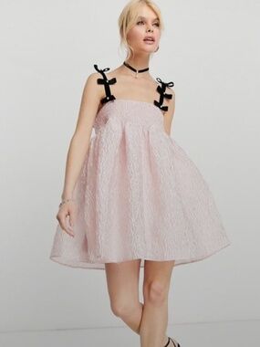 Sister Jane Pink Baby Doll Mini Dress with Black Strap Bows